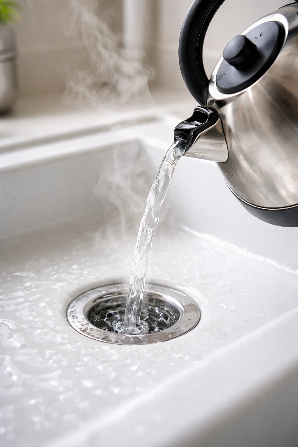 Stream of boiling water pouring into a bathroom sink drain with steam