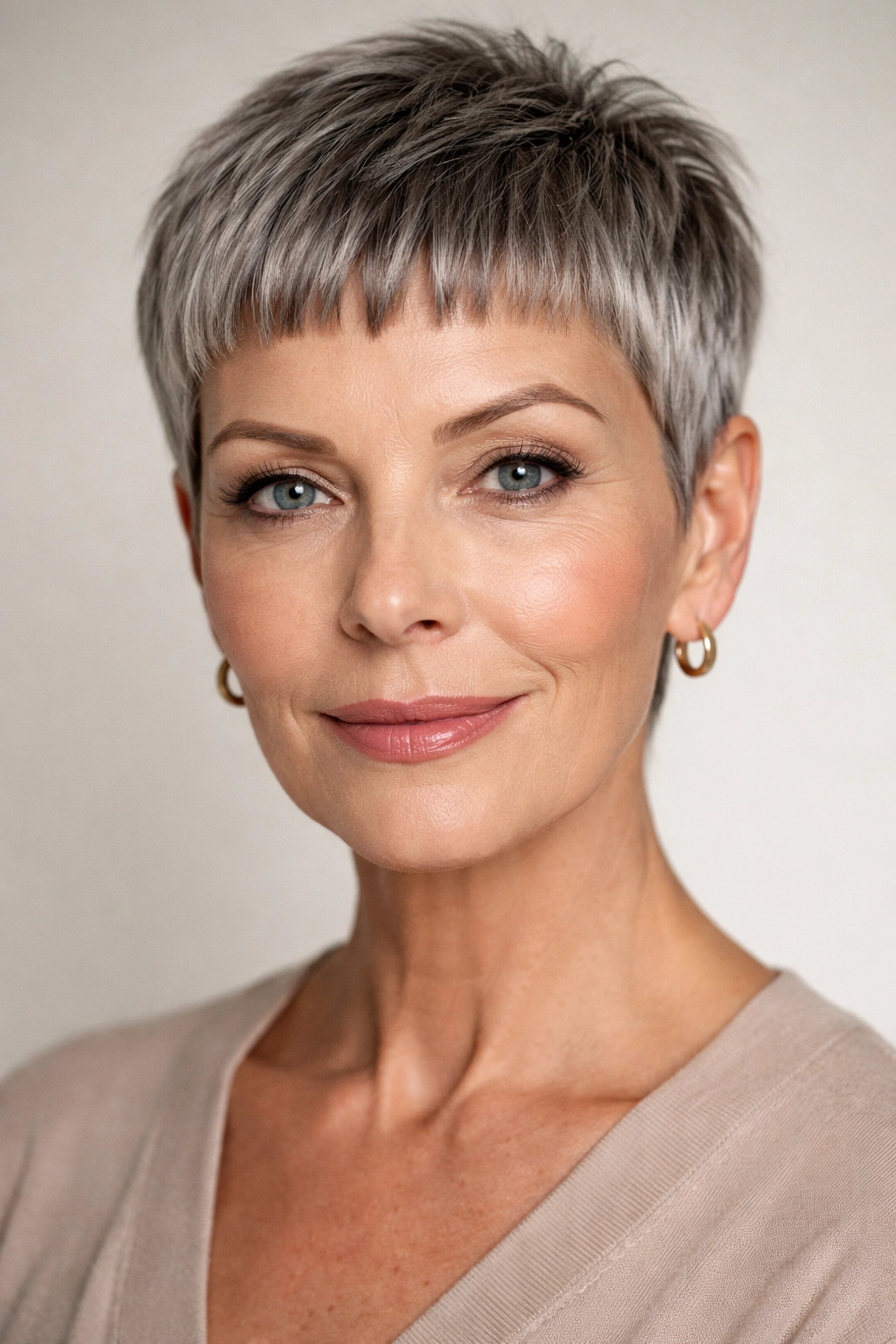 Close-up of bold micro bangs on a pixie-cut hairstyle highlighting sharp fringe