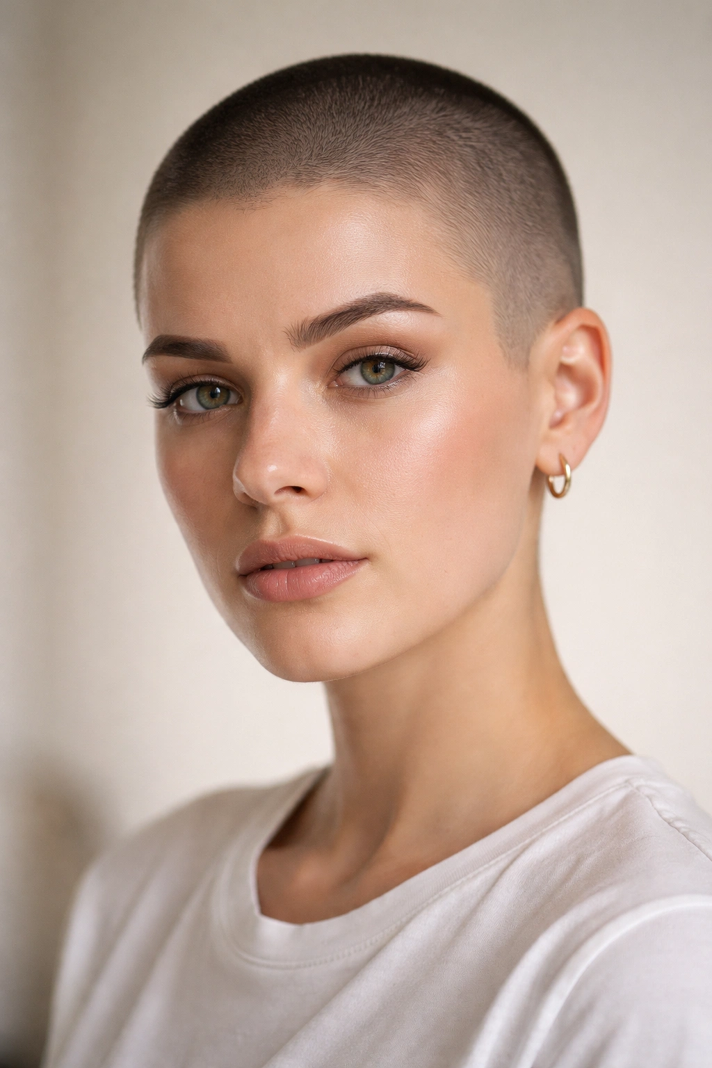 Going Super Short 15 Bold Haircuts To Consider 16 Portrait of a person with a bold buzzcut in a minimal studio