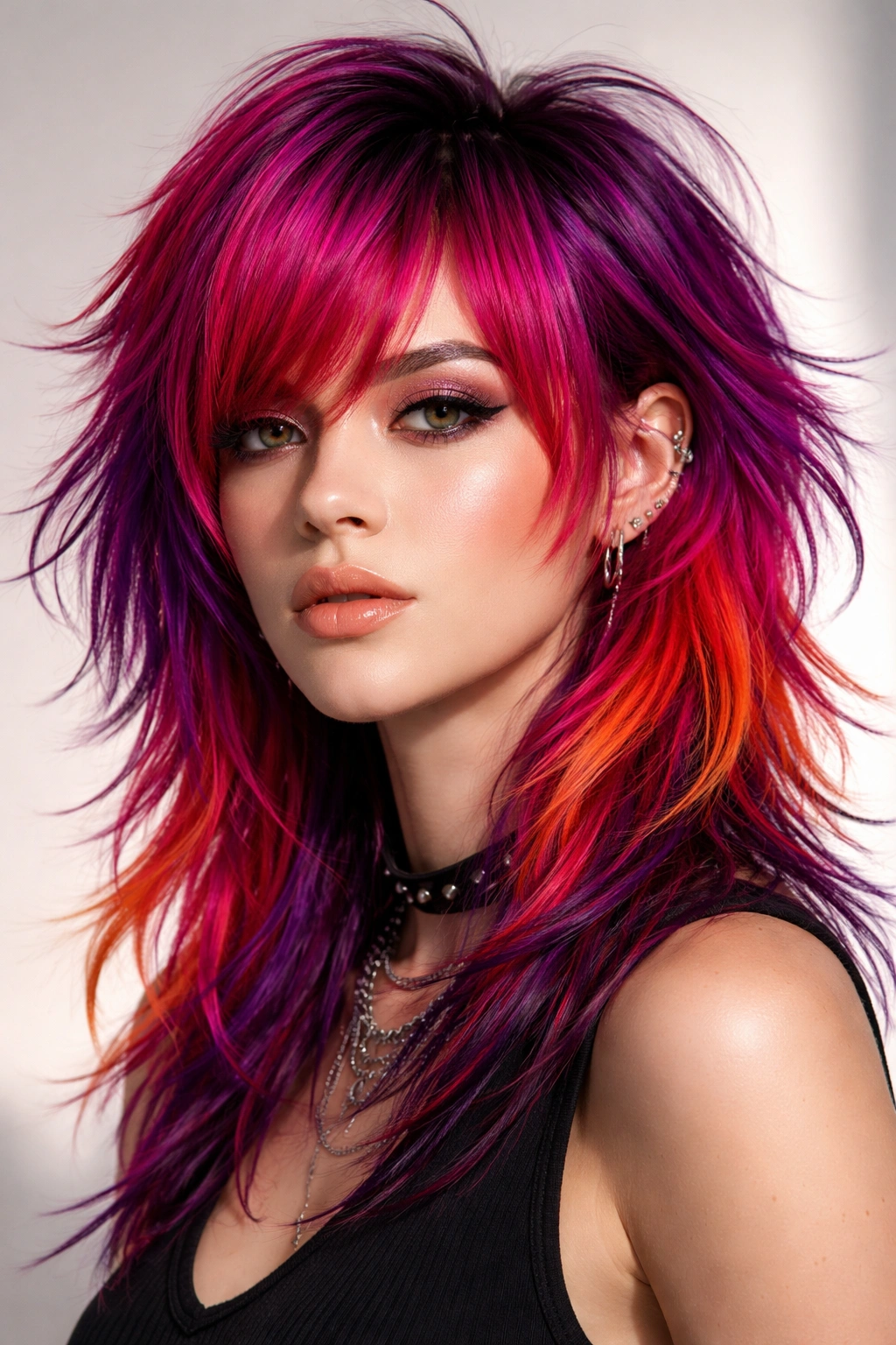 Portrait of a person with Bold Color Wolf Cut showing vivid hair and layered texture.
