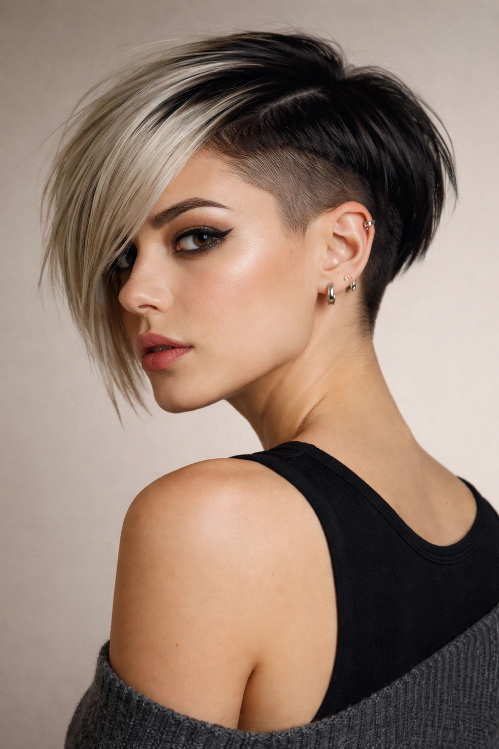 10 Funky Short Haircuts For Women Who Love Edge 13 Portrait of a person with a bold edgy short haircut in a minimal studio setting