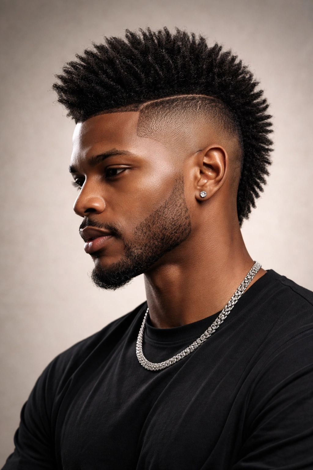 Bold mohawk fade on Black man in studio lighting, showcasing a confident leap into a new hairstyle