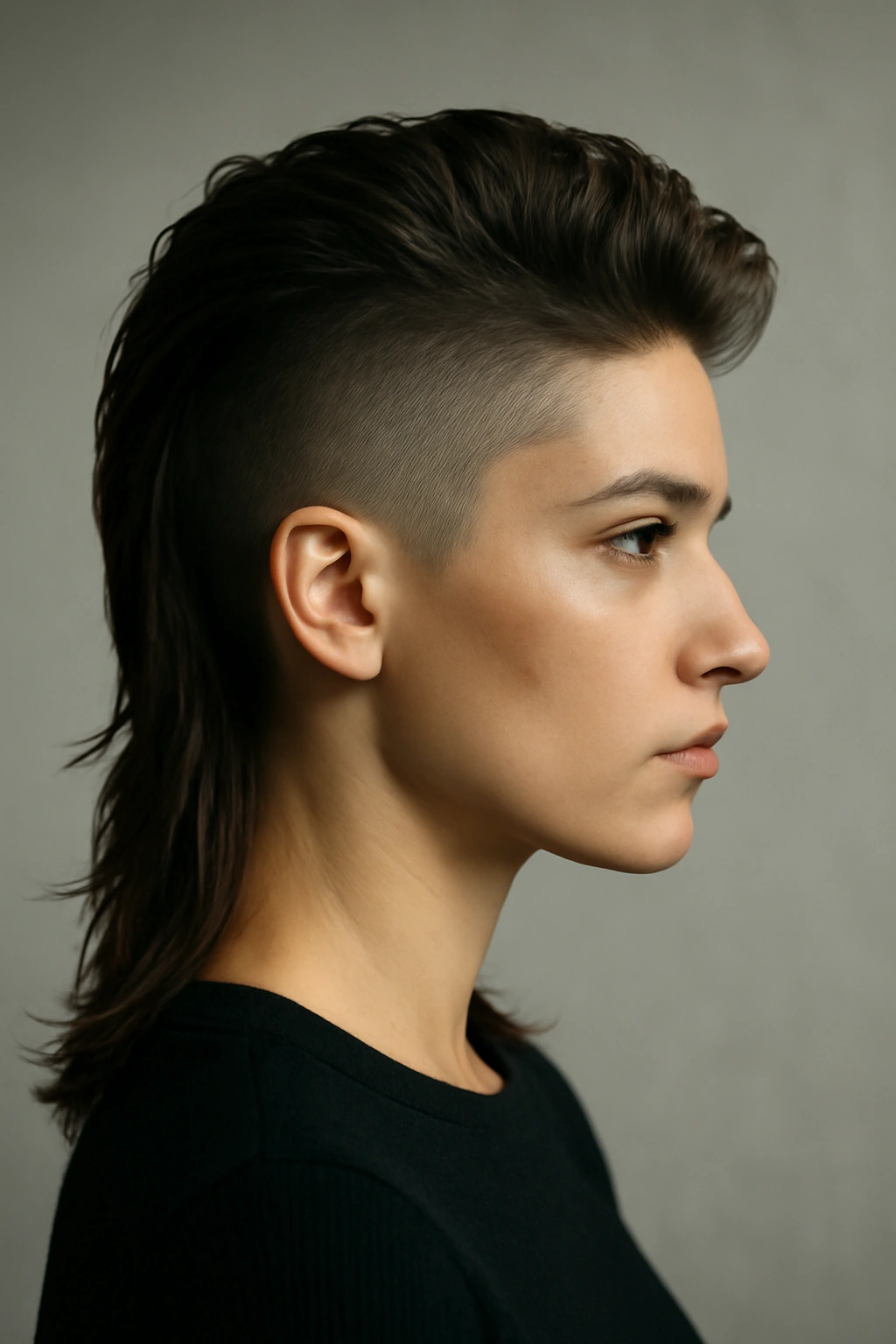 25 Mullet Haircuts for Women You'll Actually Love 20 Side-profile of a person with bold undercut mullet showing shaved sides and long top