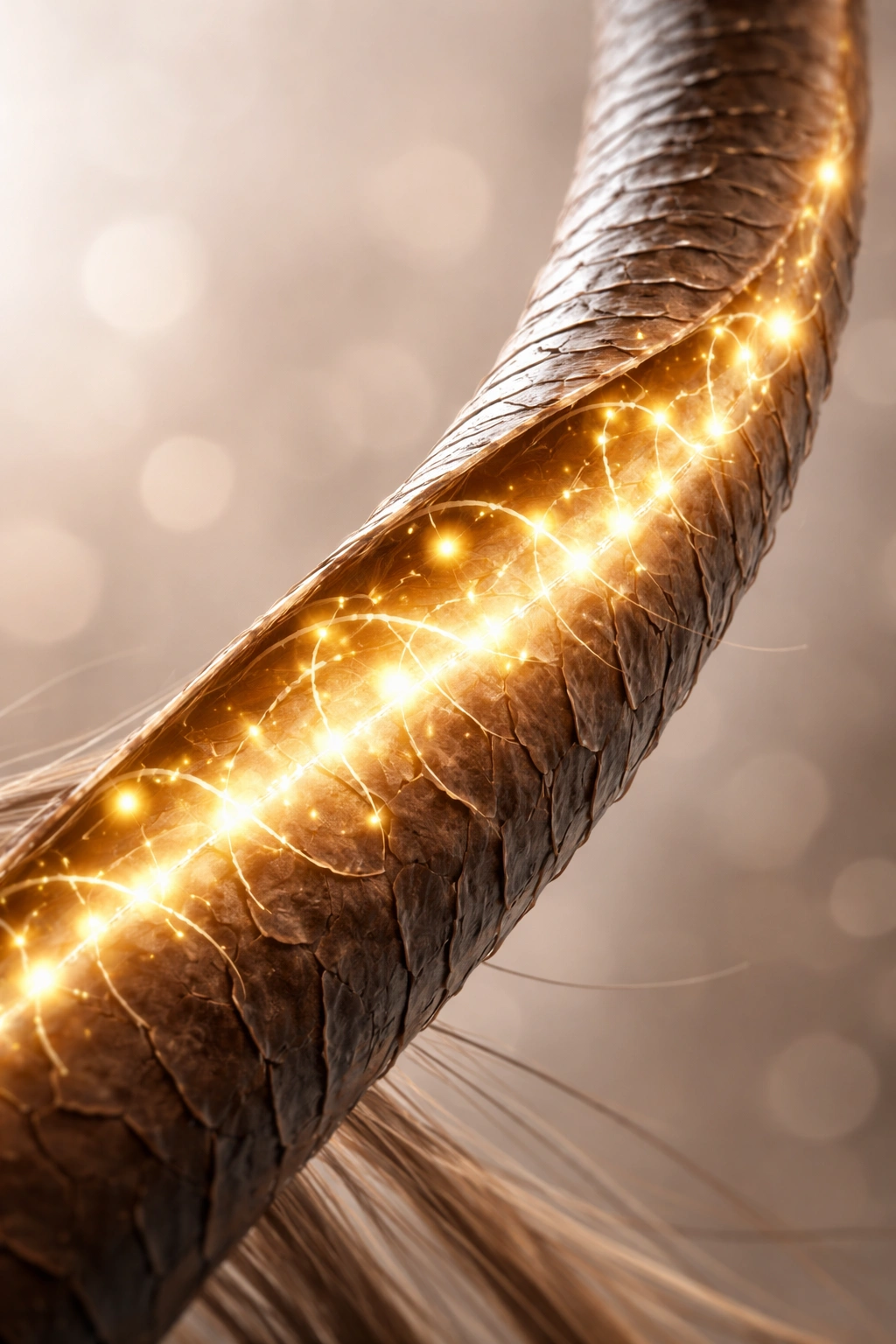 Hair strand with subtle glow indicating bond rebuilding inside the cortex