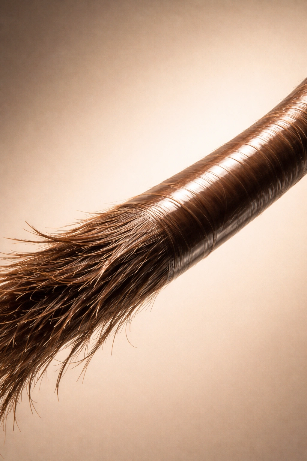 Hair strand with a repaired midsection showing smoother texture