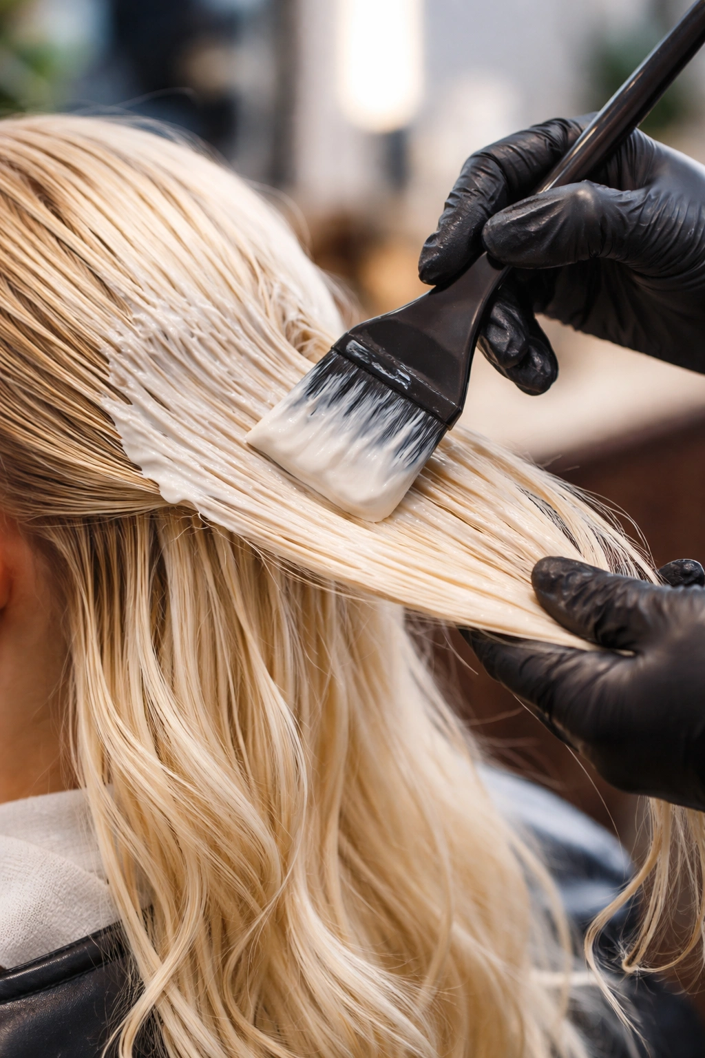 Hair strand treated with bond-building product during bleaching in a salon