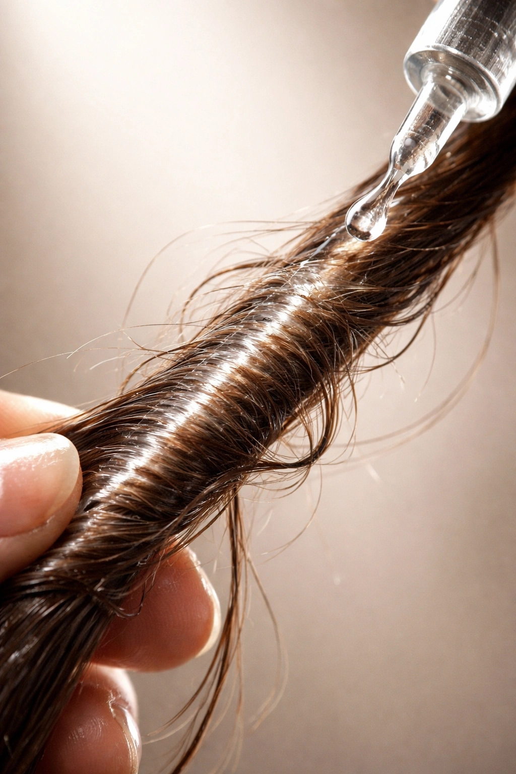 Close-up of a damaged hair strand with a glossy coating in a neutral studio