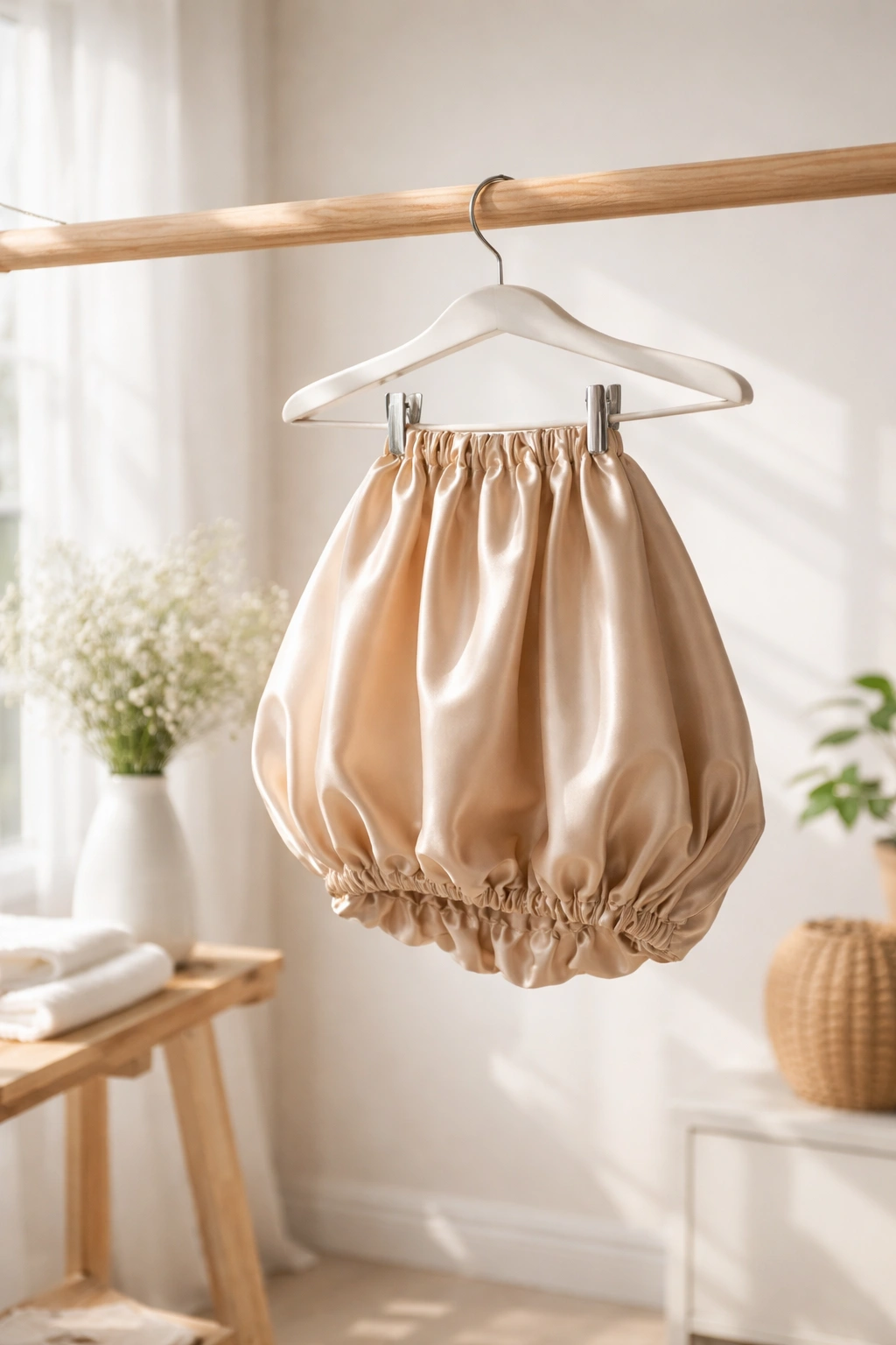 Satin bonnet hanging to air-dry in bright, airy space