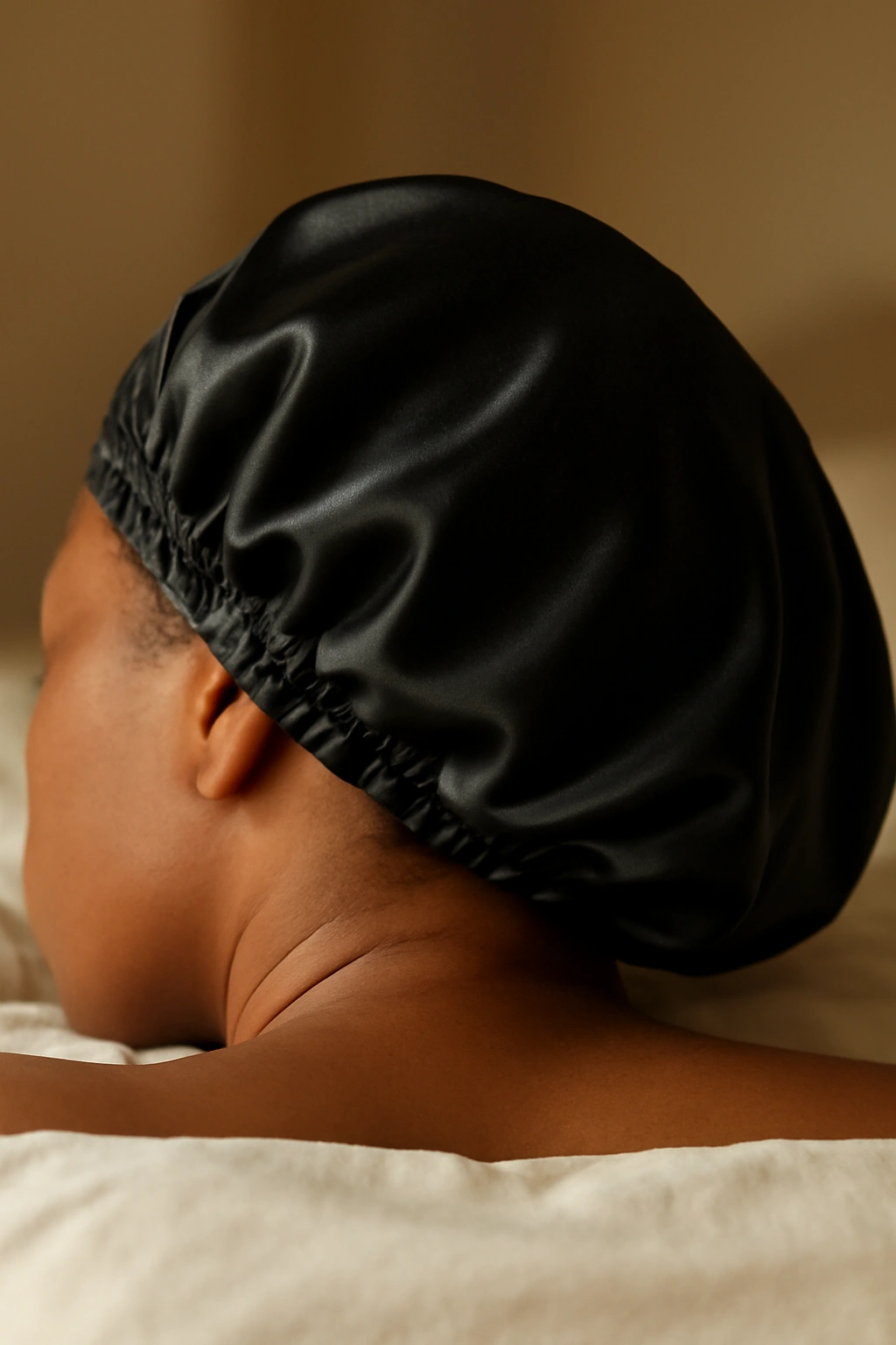 10 Natural Hair Growth Tips From Women Who Made It 6 Close-up of satin bonnet over hair resting on bed