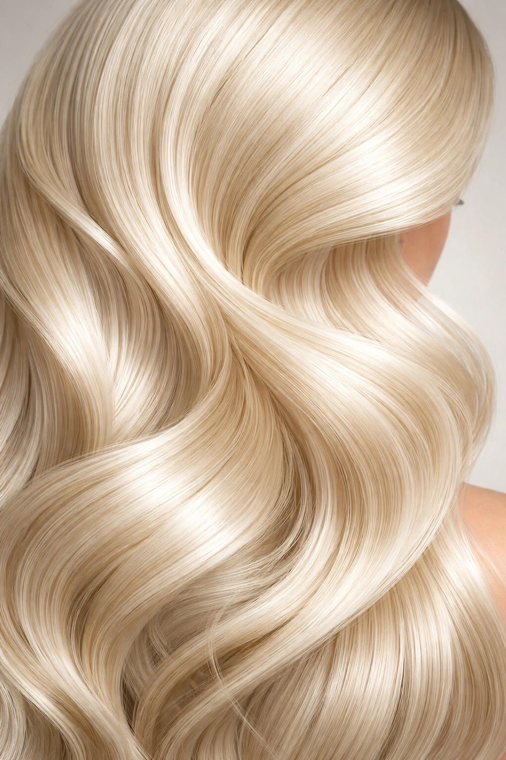 Close-up of perfectly dyed platinum blonde hair with glossy texture