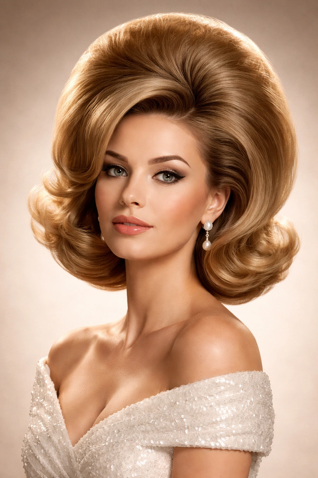 Portrait of a woman with a dramatic rounded bouffant hairstyle