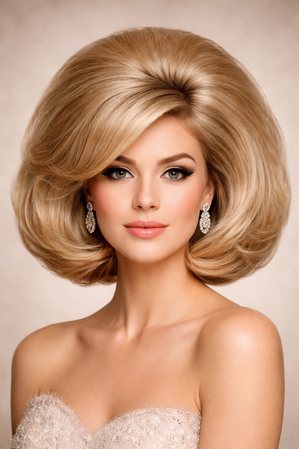Bouffant hairstyle with wide horizontal volume around head