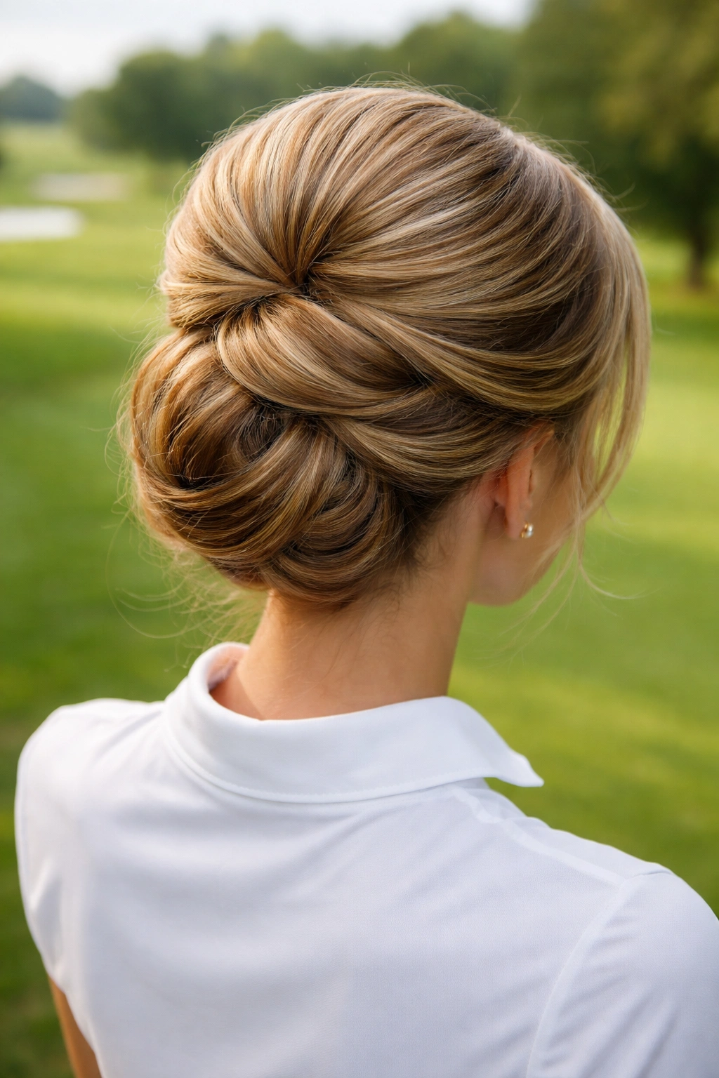 Bouffant updo with voluminous crown on a golfer at the golf course