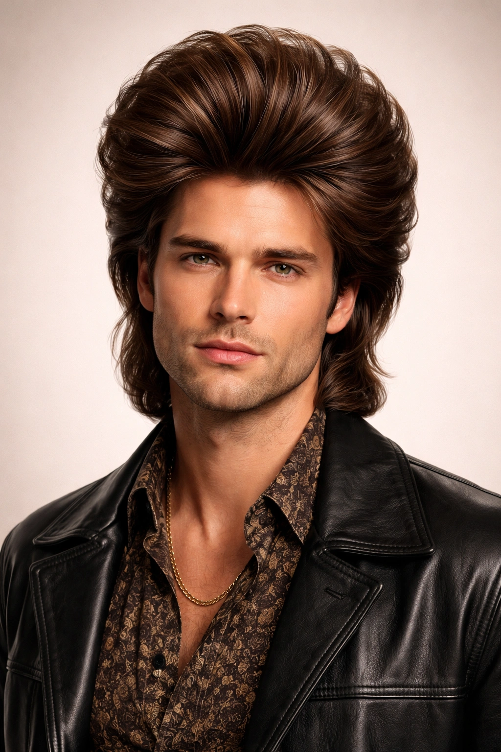 Portrait focusing on a dramatic bouffant hairstyle with high crown volume
