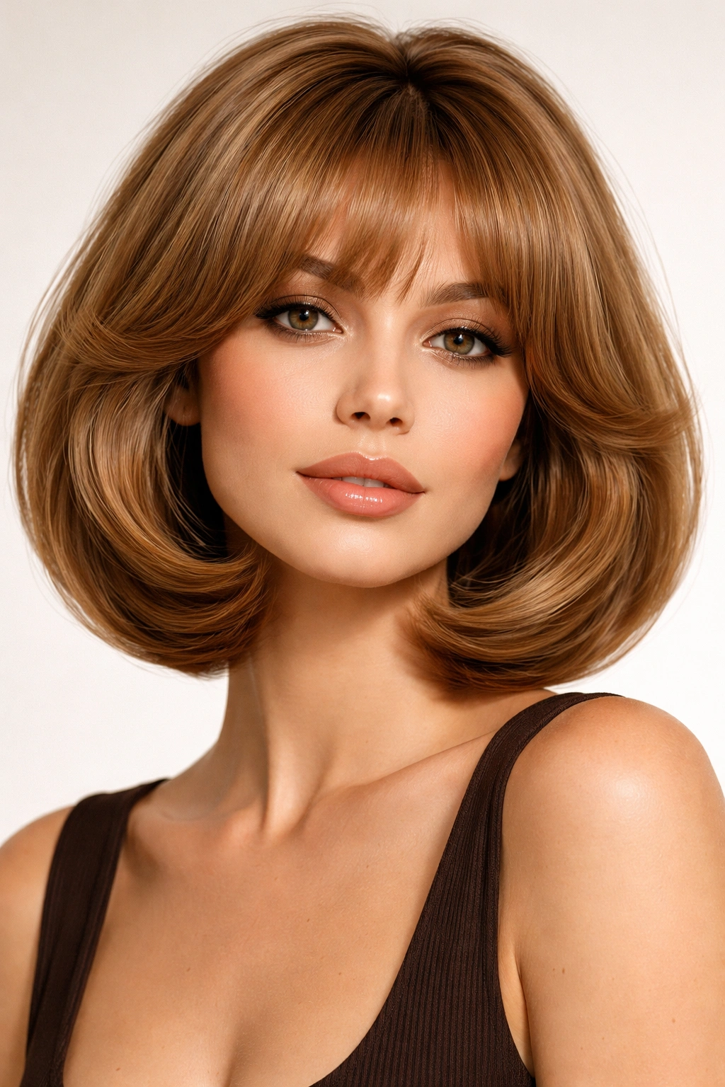 Close-up of a chin-length bouncy bob with rounded ends and volume.
