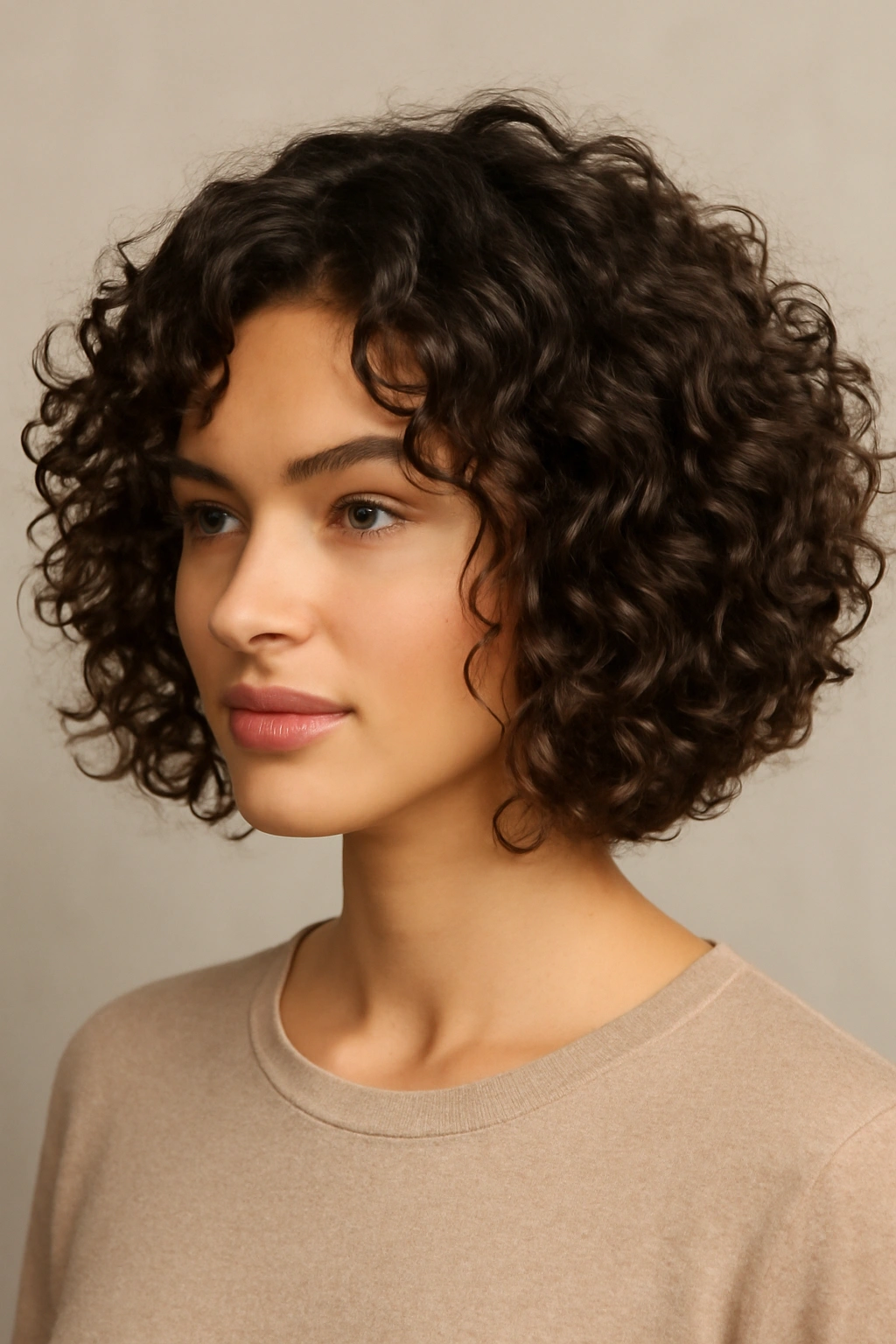 Portrait of The Bouncy Curl Bob with All-Over Layers showing voluminous layered curls in studio setting