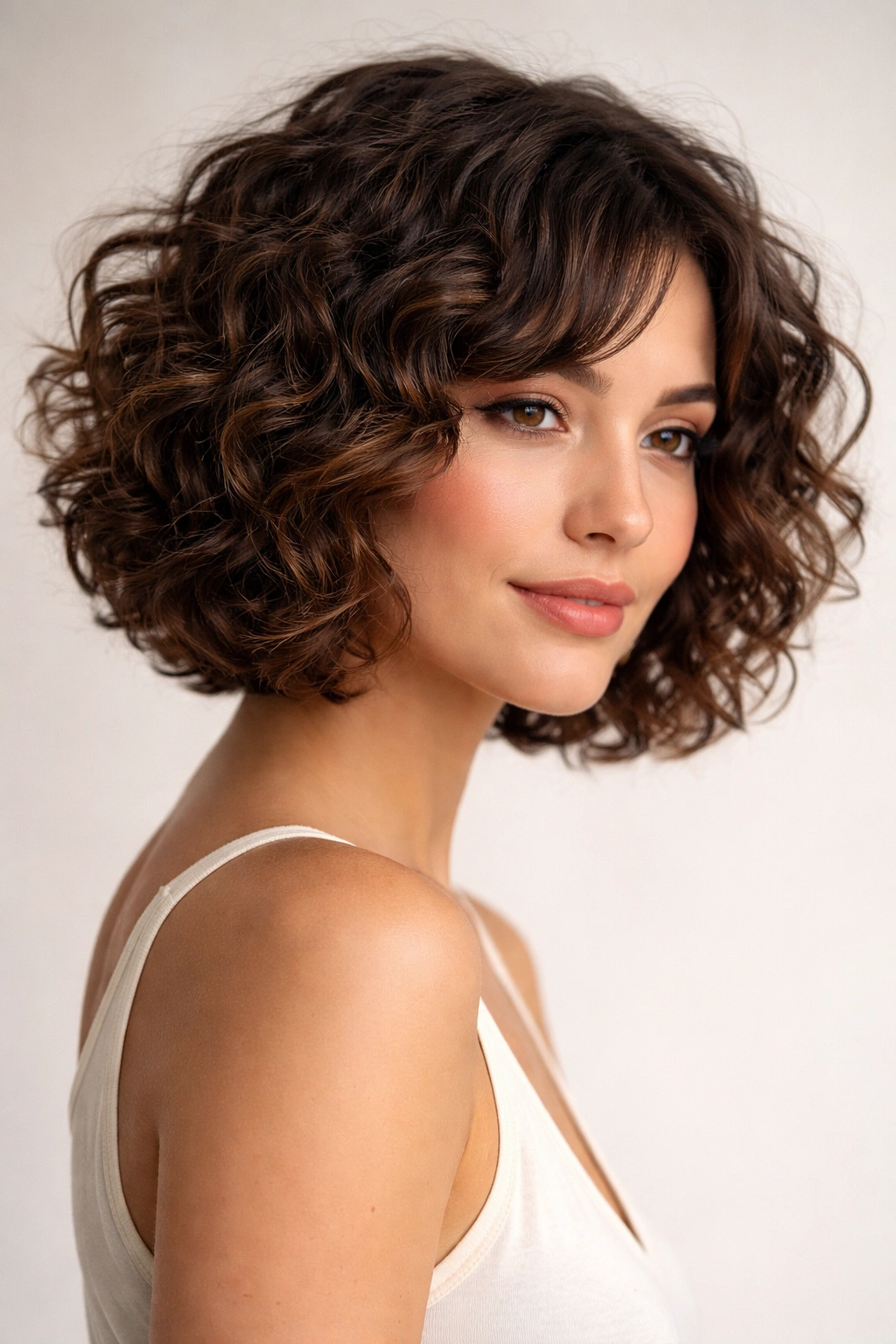 Close-up of The Bouncy Layers Bob with chin-length textured curls showing lift