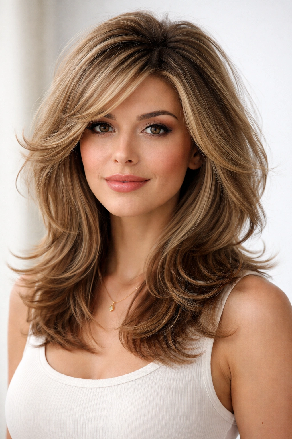 25 Medium Length Hairstyles That Suit Everyone 10 Model with bouncy layered hairstyle and voluminous crown lift.
