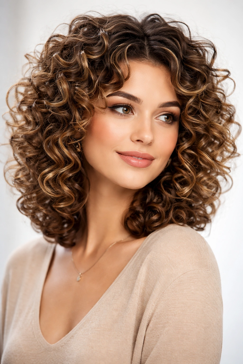 Shoulder-length curly hair with top layers and spiraled curls creating a bouncy crown