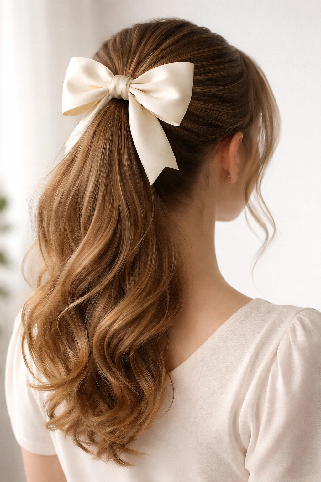 Hair with a large bow accent at the crown of a ponytail