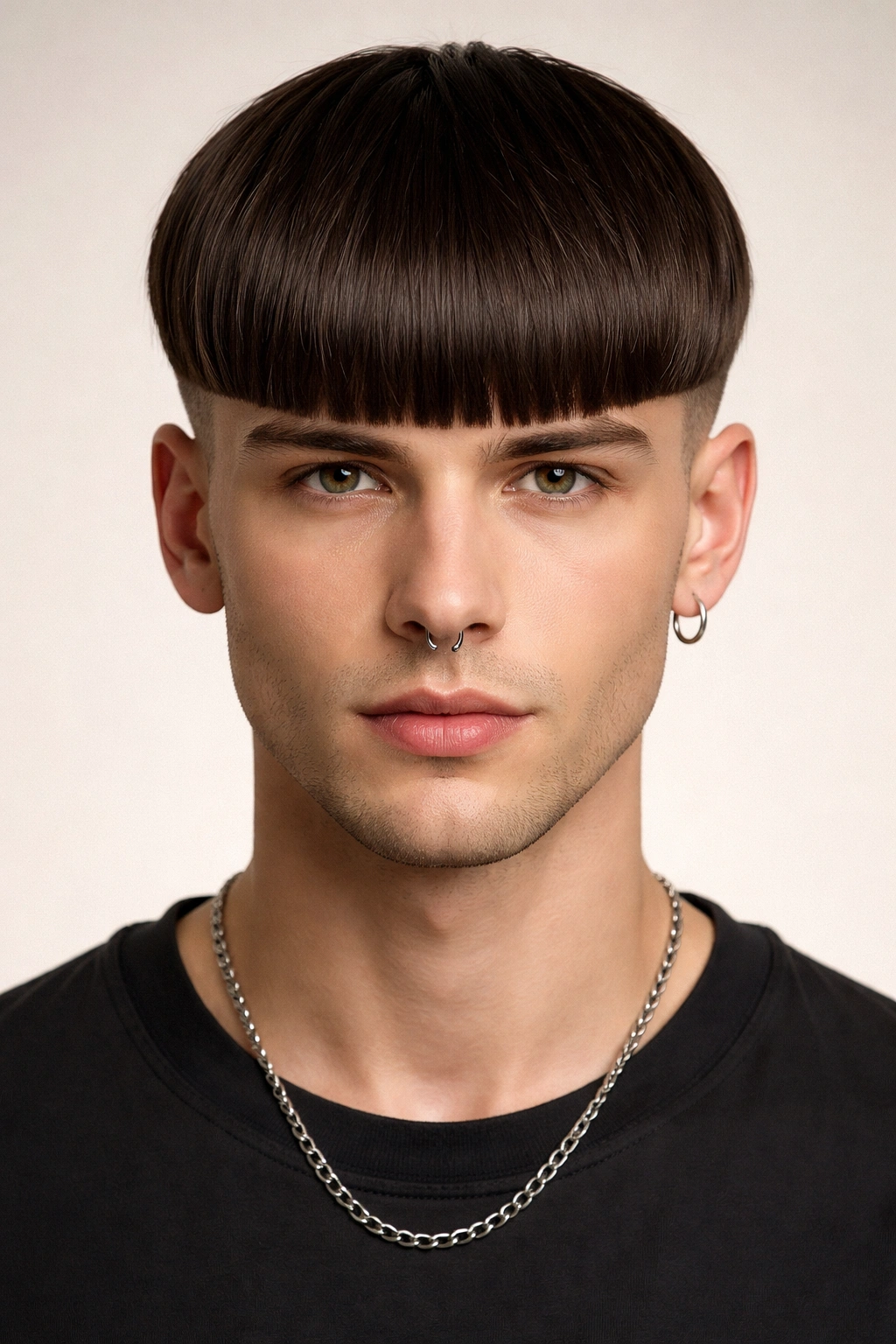 Front view of a modern bowl cut with clean lines and eyebrow-length fringe