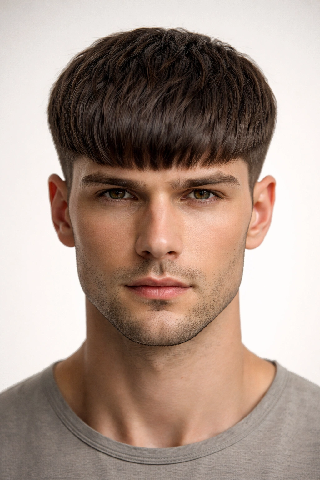 Front view of a refined bowl cut with even length all around