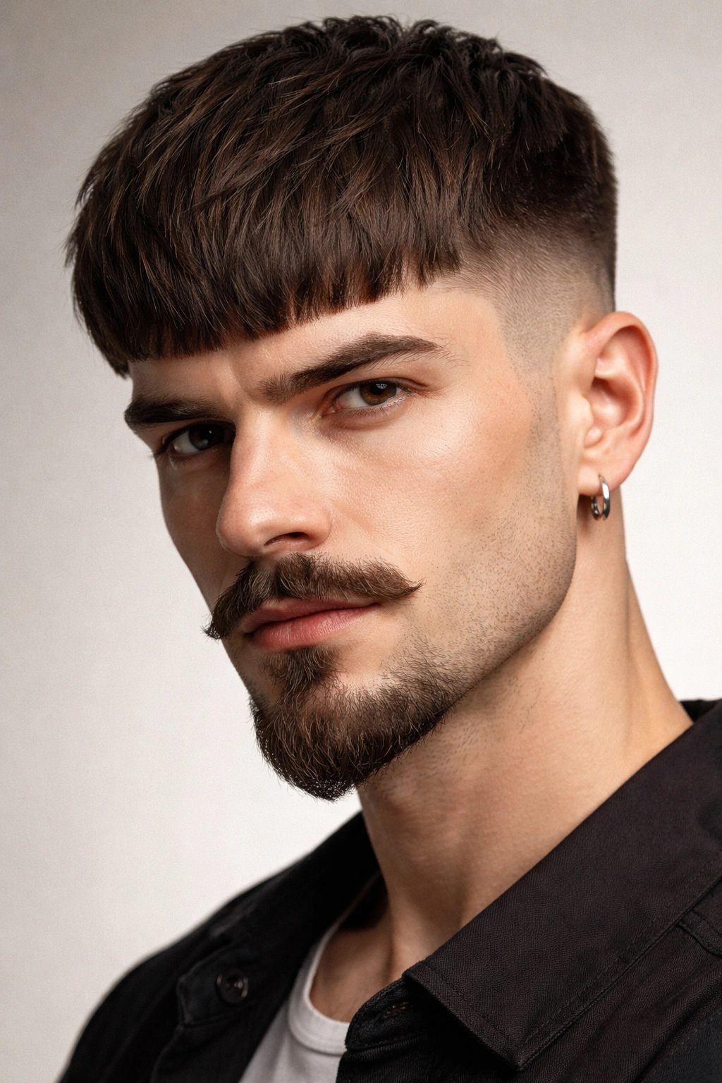 Close-up portrait of a bowl-cut man with mustache and chin beard in a studio