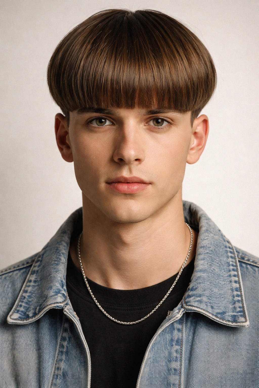 Front portrait of a man with a uniform bowl cut and blunt fringe