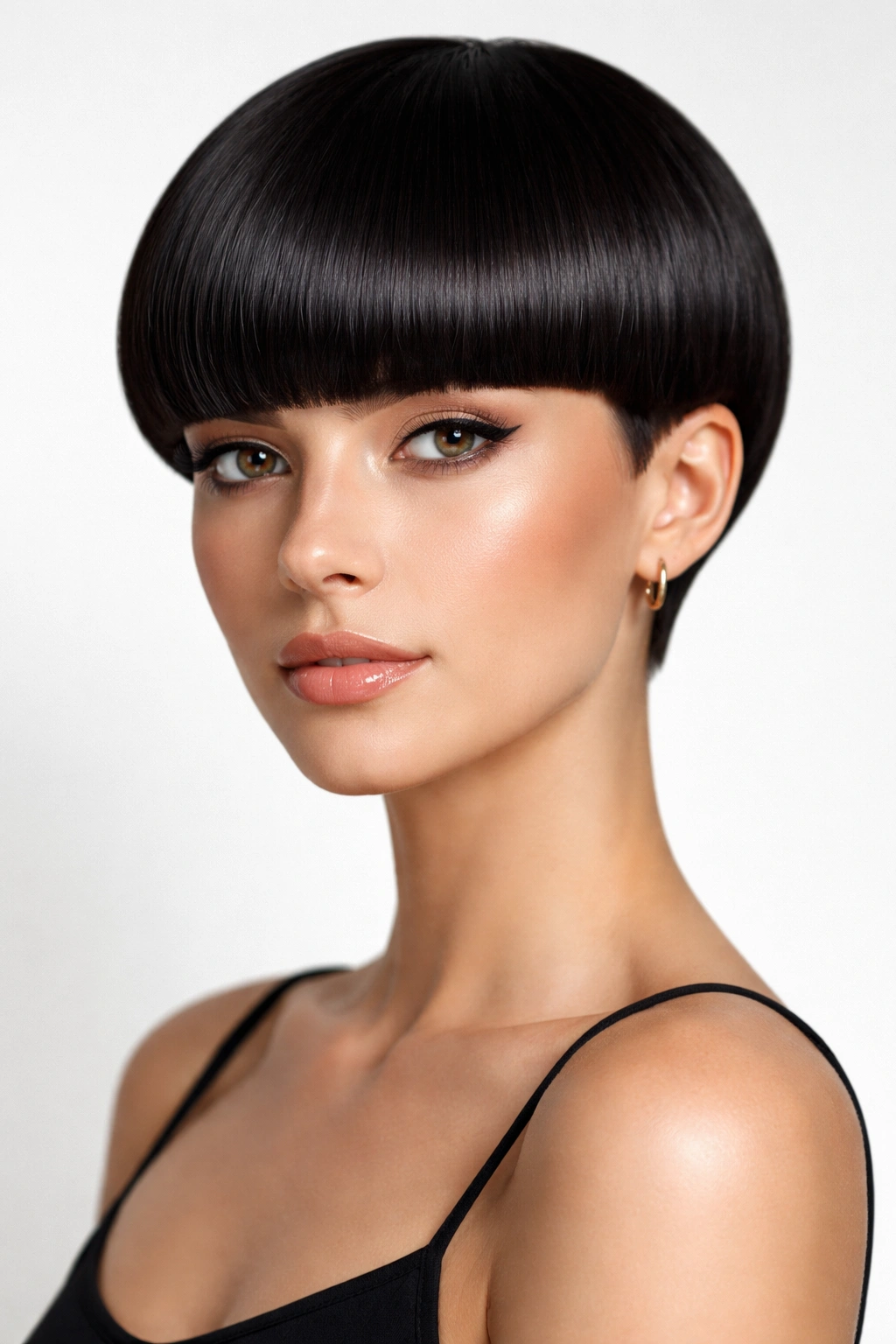 Close-up of a sleek blunt bowl cut with a glossy finish
