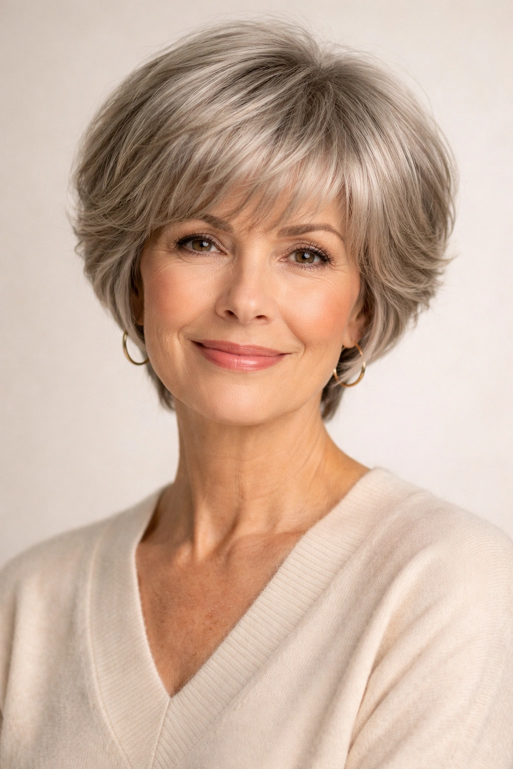 Woman with modern bowl cut and soft feathered edges on thick hair.