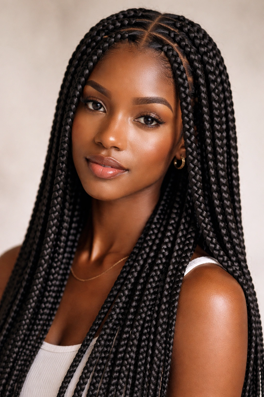 Close up of box braids on 4c coily hair in studio lighting