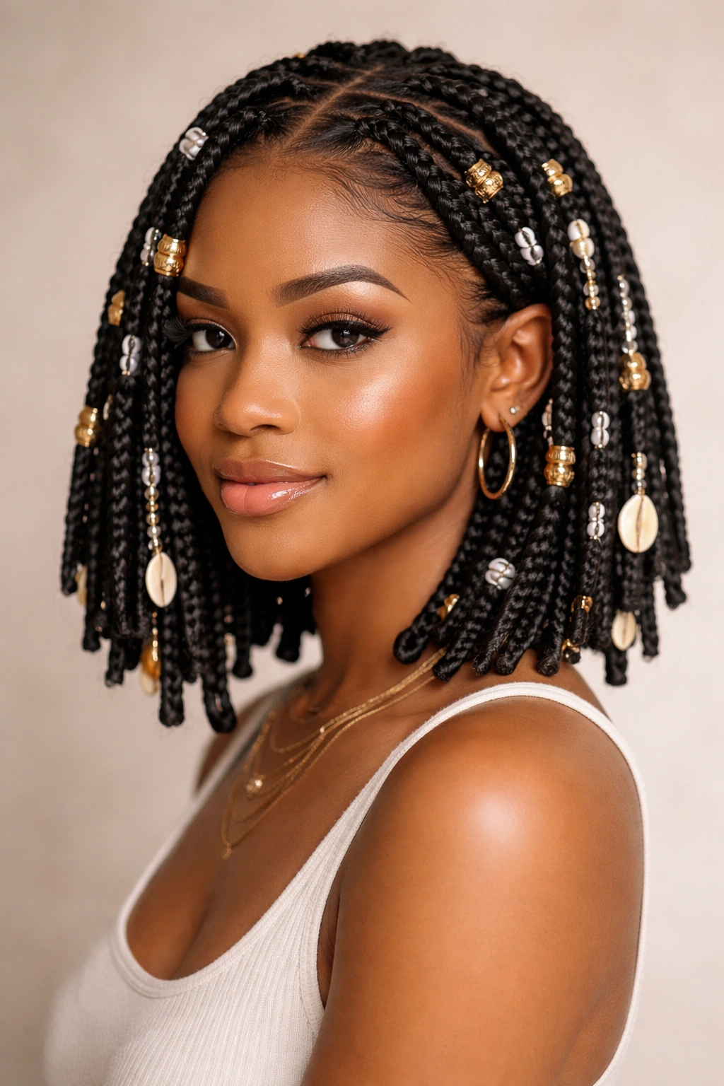 Box braids adorned with cuffs and beads on short hair.