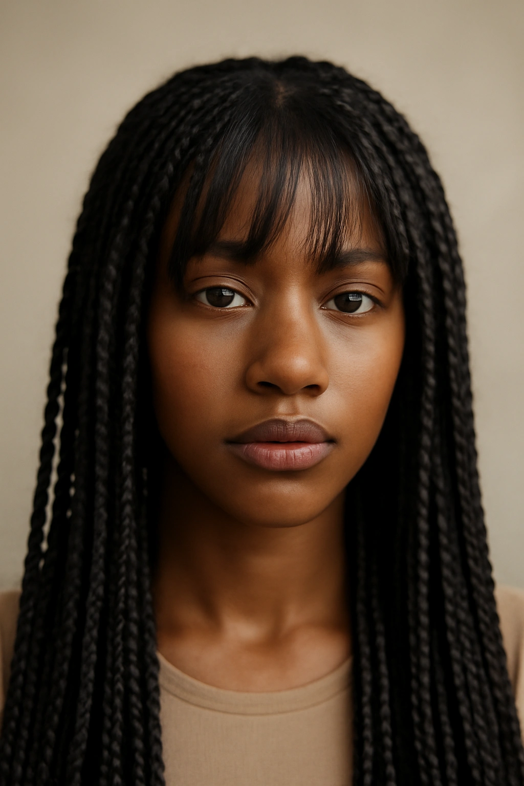 12 Bangs Hairstyles That Flatter Black Women 7 Close-up of a Black woman with box braids and unbraided bangs