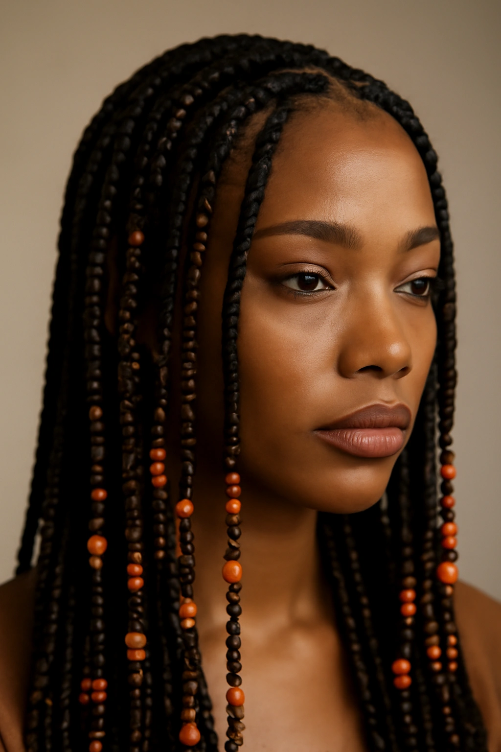 12 Fall Hairstyles Black Women Will Look Great In 1 Close-up of box braids with warm-toned beads and copper accents