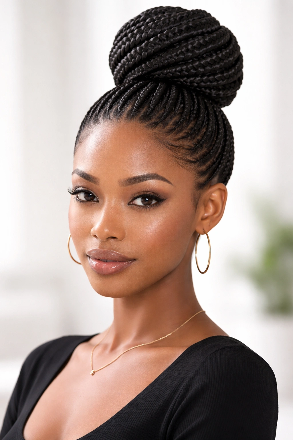 Neat box braid bun with seamless foundation and polished finish.