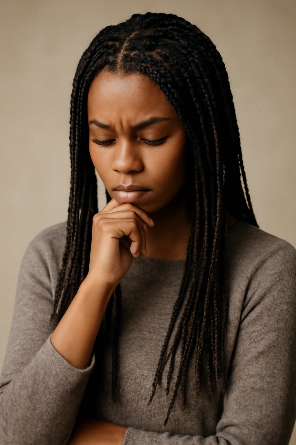 20 Box Braid Styles From Short Bobs to Waist Length 21 Figure with box braids in a contemplative pose suggesting choosing a hairstyle