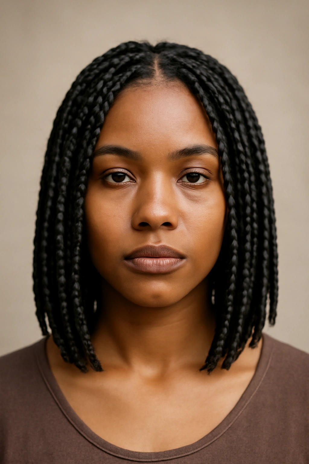 18 Box Braid Styles You'll Want to Show Your Braider 1 Close-up of a head with classic medium box braids neatly arranged from scalp to shoulder.