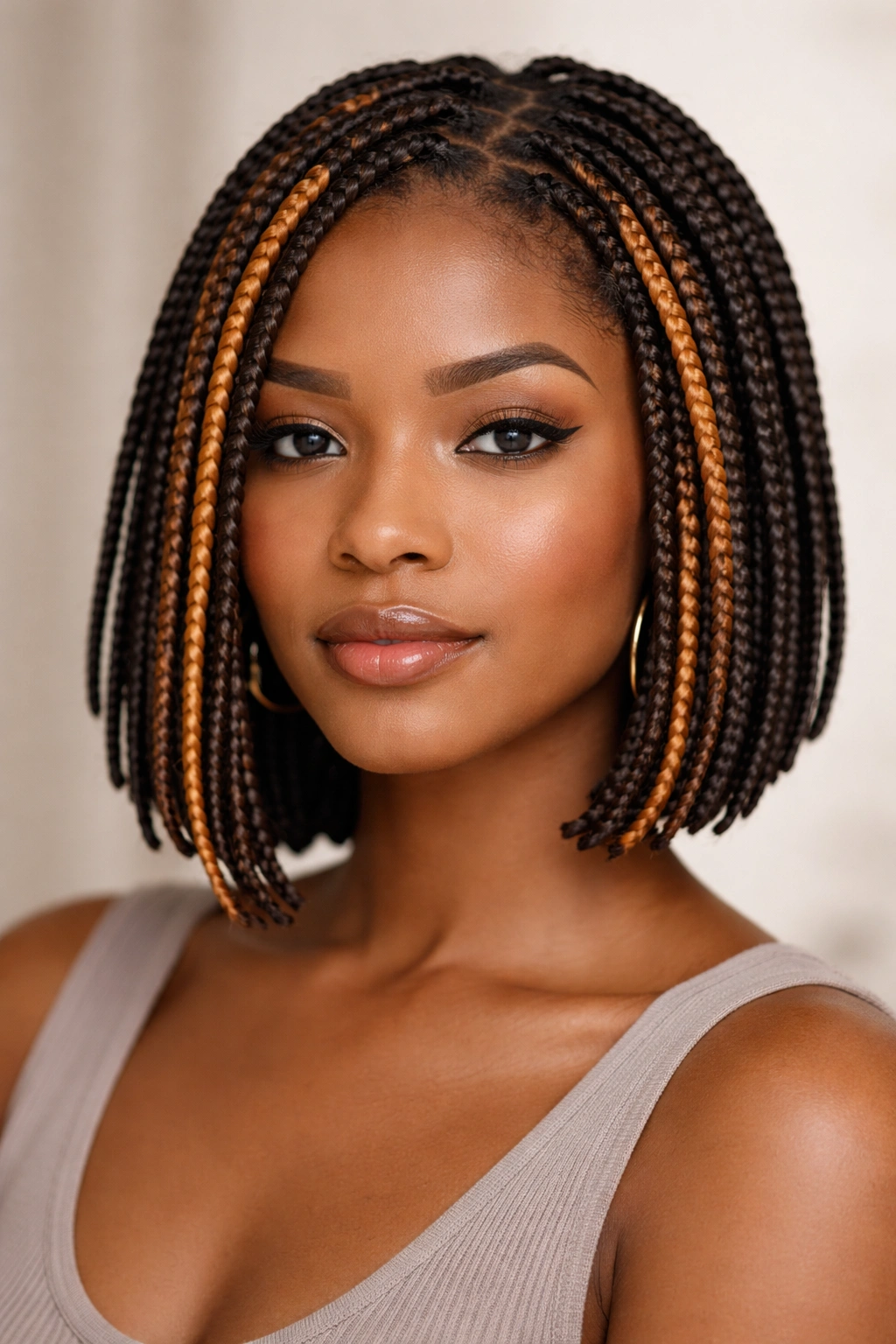 Close-up of highlighted box braids with strategic color placement around the face.