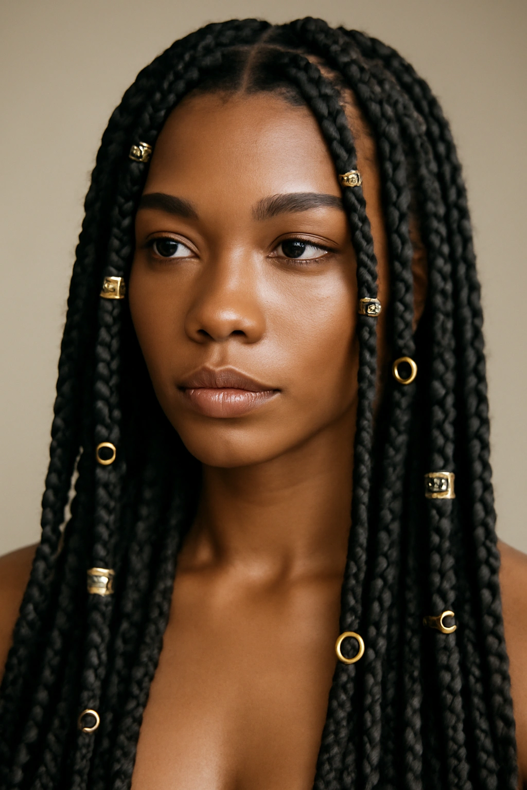 18 Box Braid Styles You'll Want to Show Your Braider 6 Box braids adorned with metallic cuffs and rings along the length.