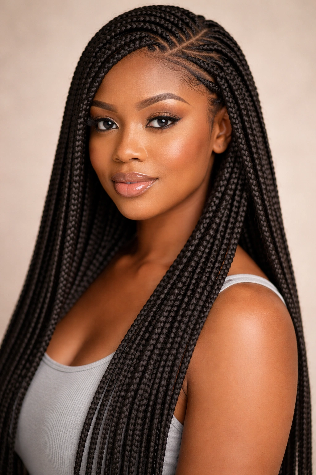 Long box braids with a diagonal part flowing past shoulders.