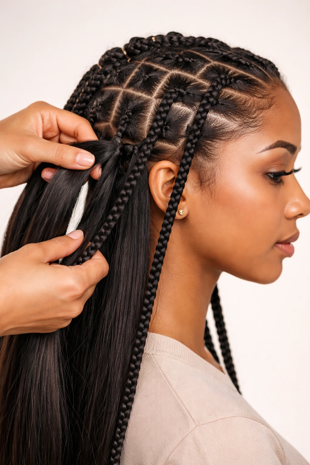 Profile view of head with square, box-shaped sections for box braids