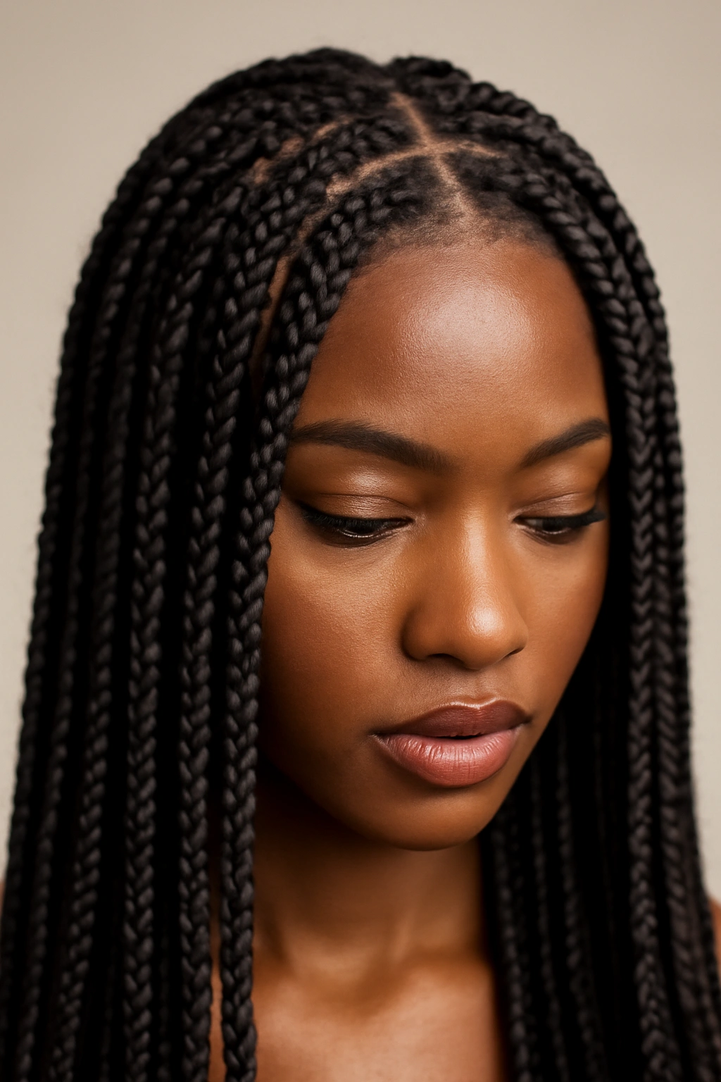 20 Hairstyles for Black Women Sorted by Hair Texture 1 Close-up of box braids with extensions on a Black woman's scalp, square-parted strands visible