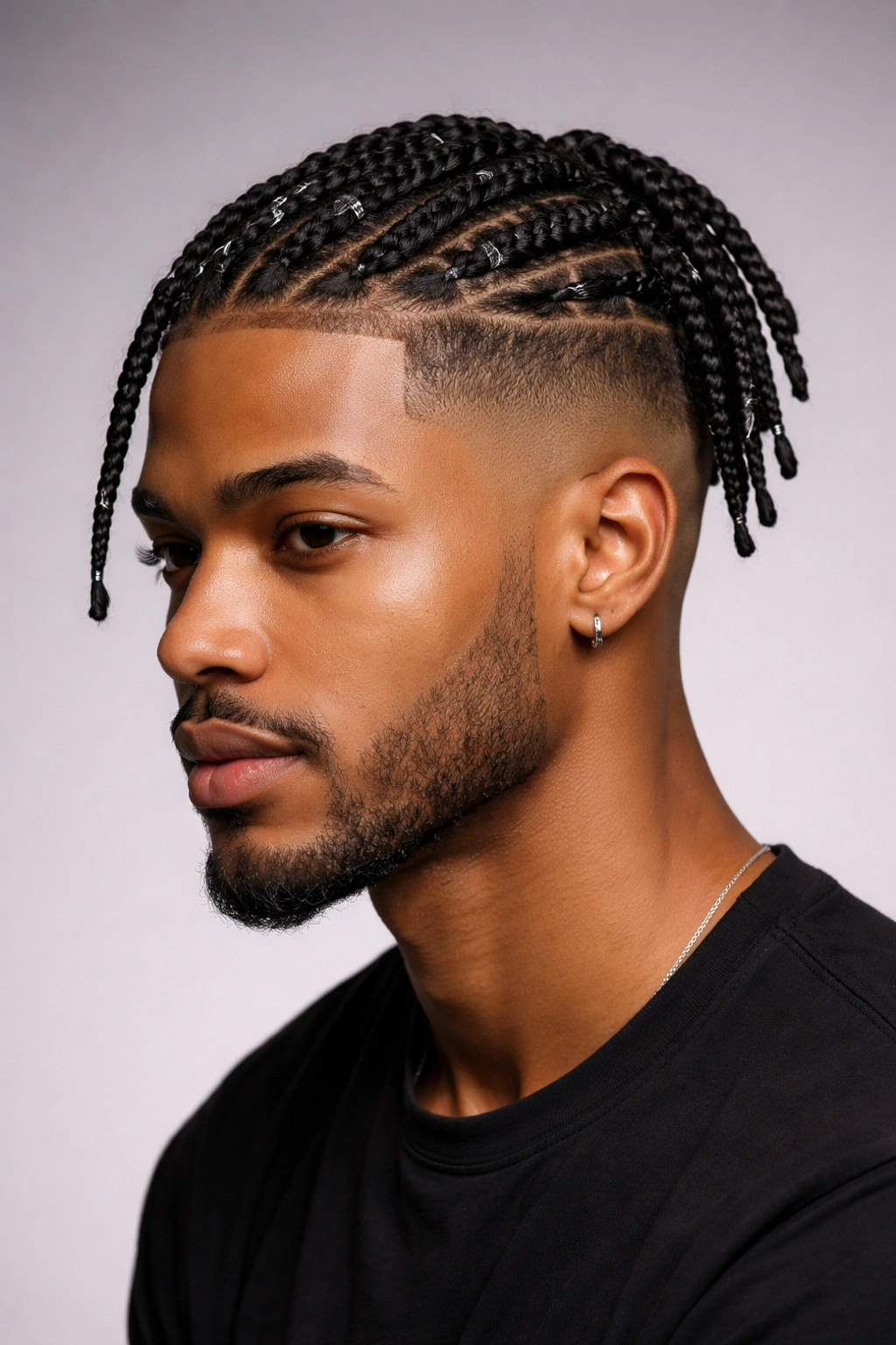 Front view of box braids on top with a clean fade on the sides.
