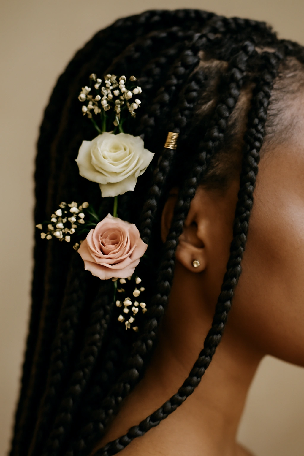 18 Box Braid Styles You'll Want to Show Your Braider 13 Close-up of box braids woven with flowers and hair accessories