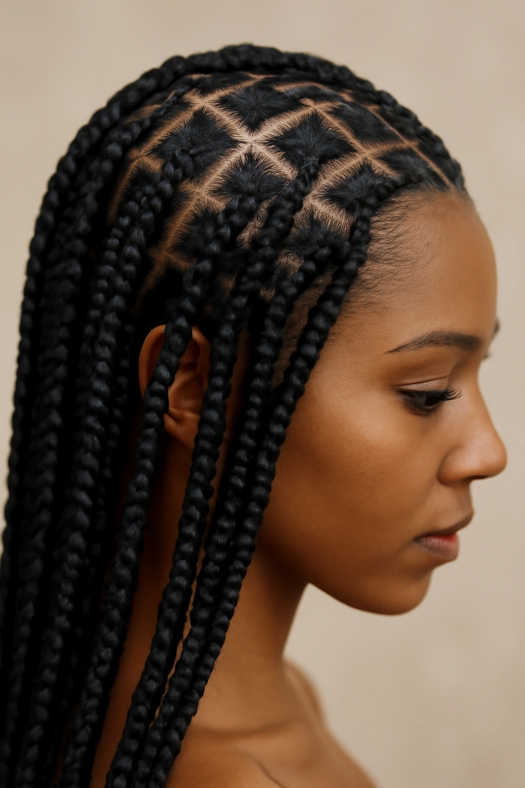 15 Natural Braid Styles Black Women Are Wearing Now 2 Close-up of square-section box braids showing grid pattern on the head