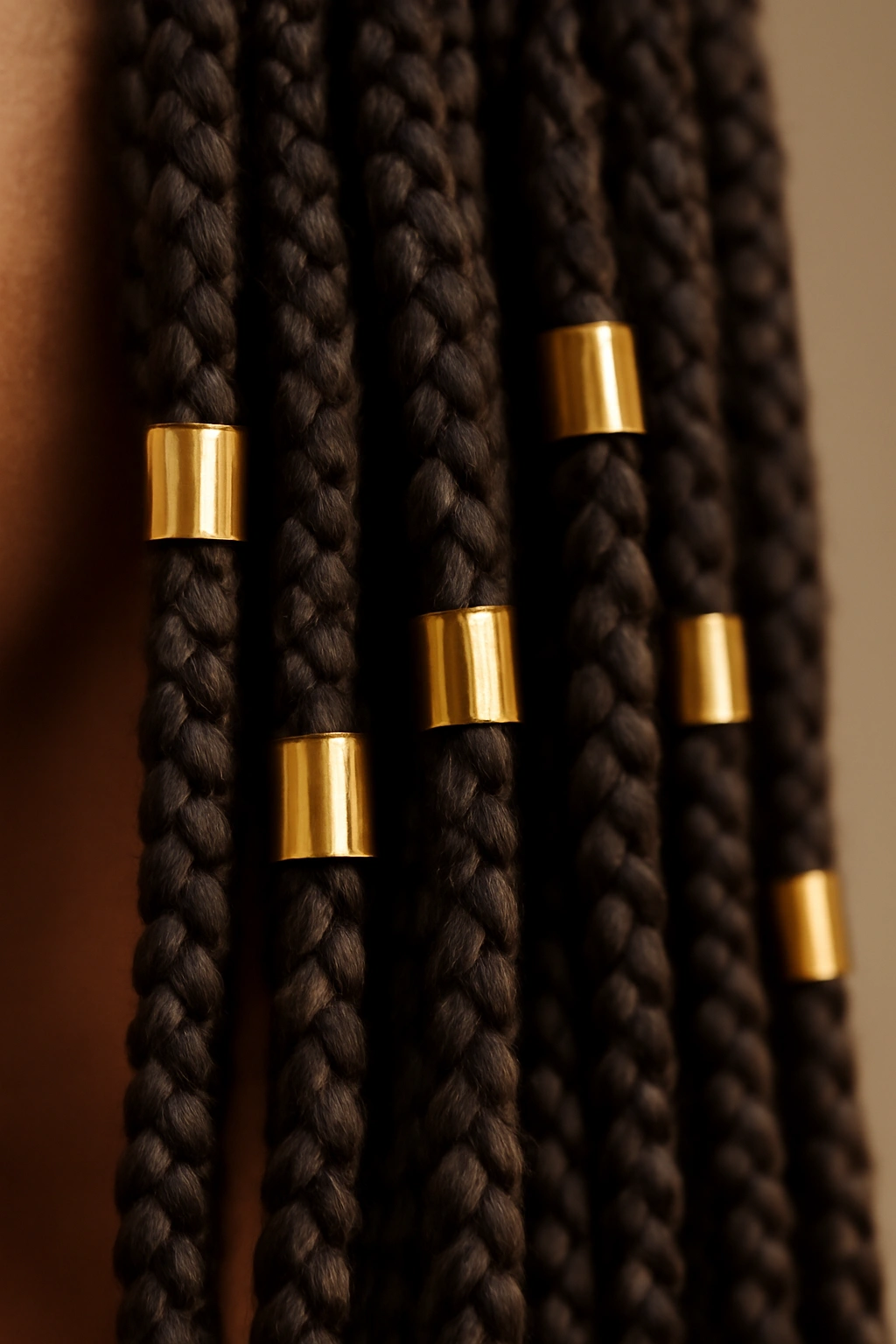 20 Box Braid Styles From Short Bobs to Waist Length 9 Box braids with gold cuffs on several strands catching light