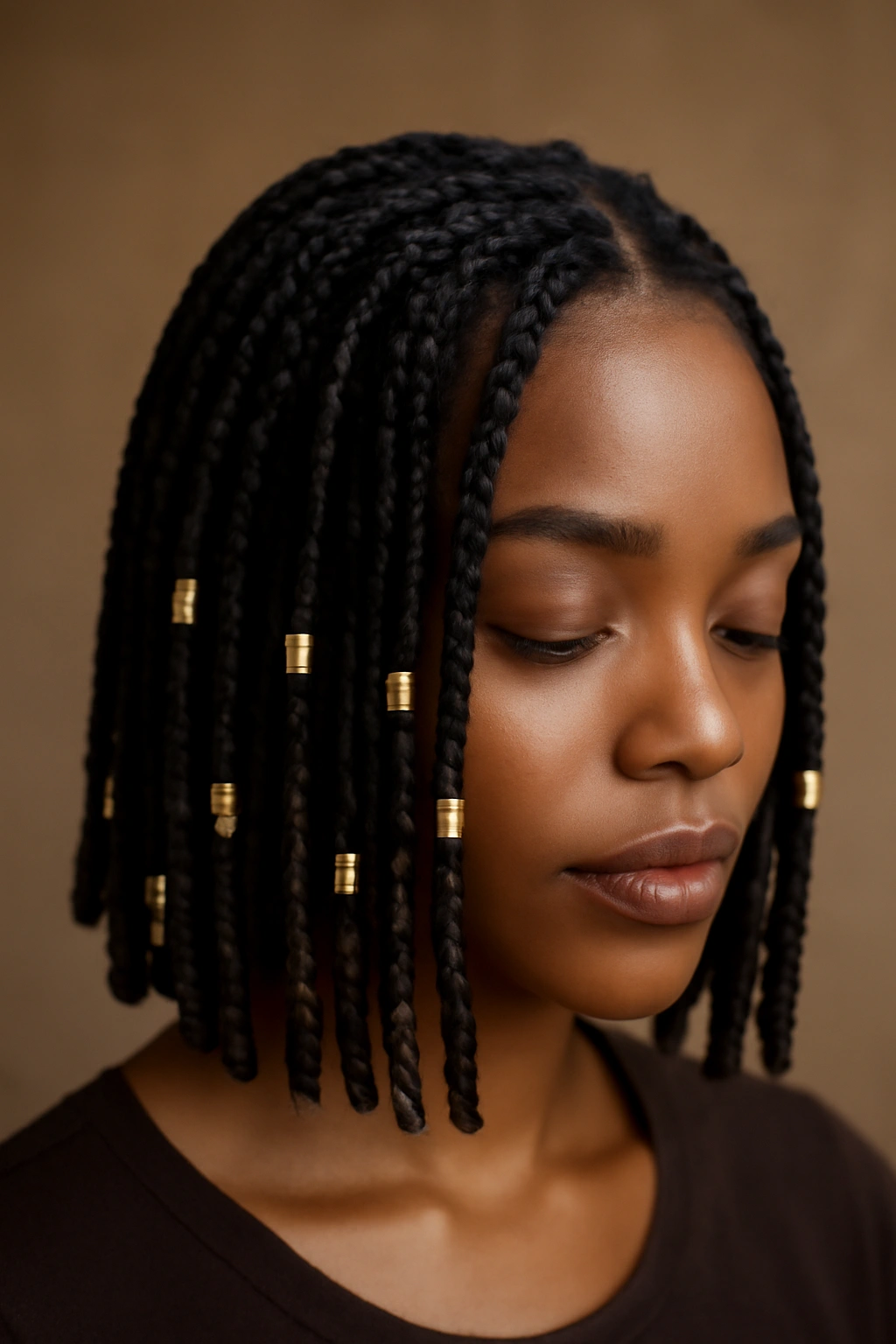 12 Short Box Braid Styles That Look Neat and Polished 8 Box braids with gold cuffs placed on select braids for polish