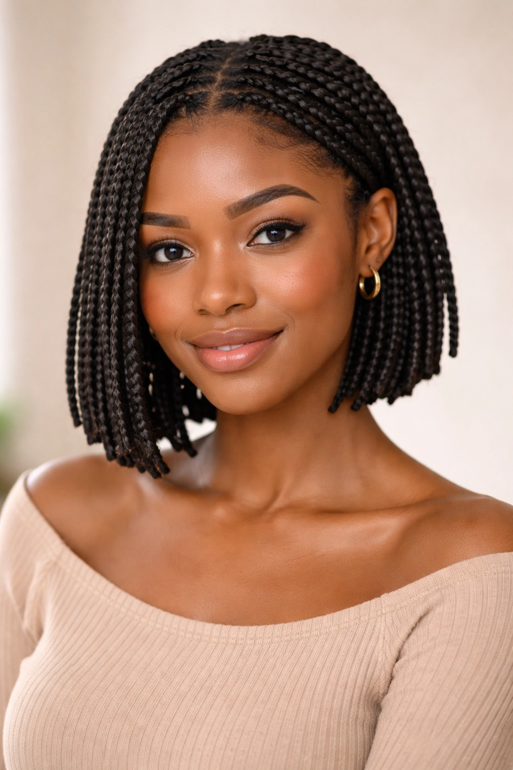 Box braids hairstyle shown in a short-term wear look