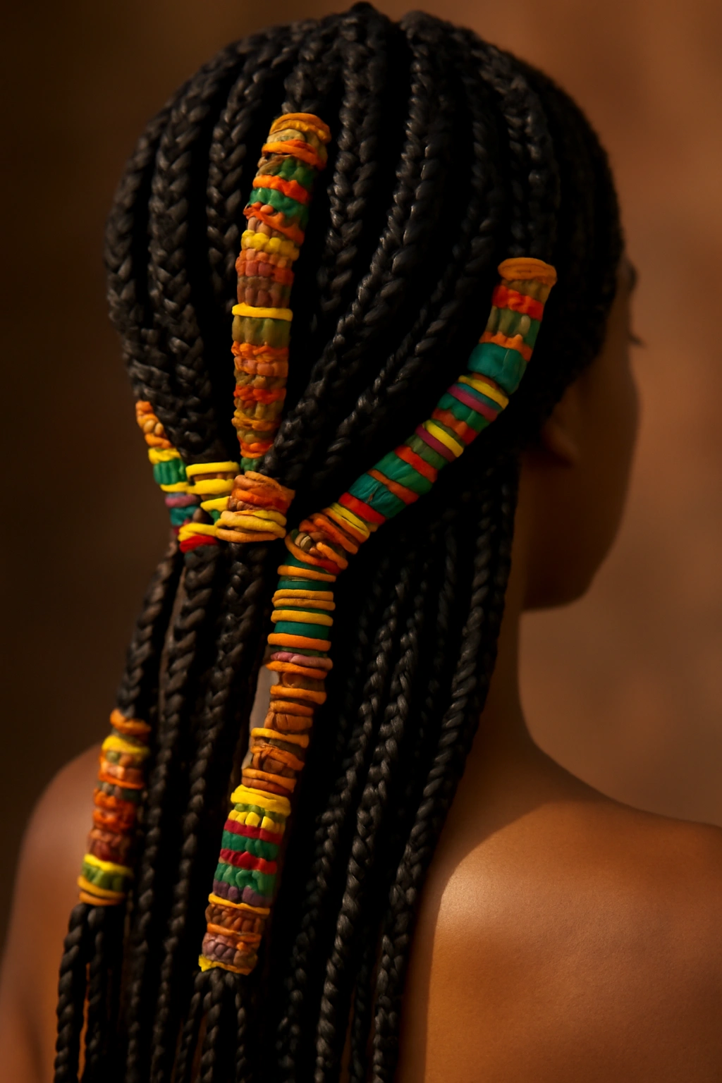 20 Box Braid Styles From Short Bobs to Waist Length 15 Box braids with colorful Kente cloth wraps around the ends.