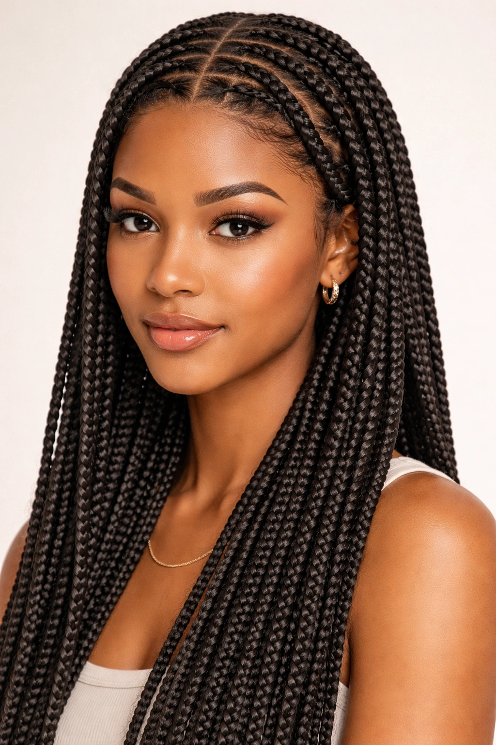 Head full of box braids or knotless braids with defined parts